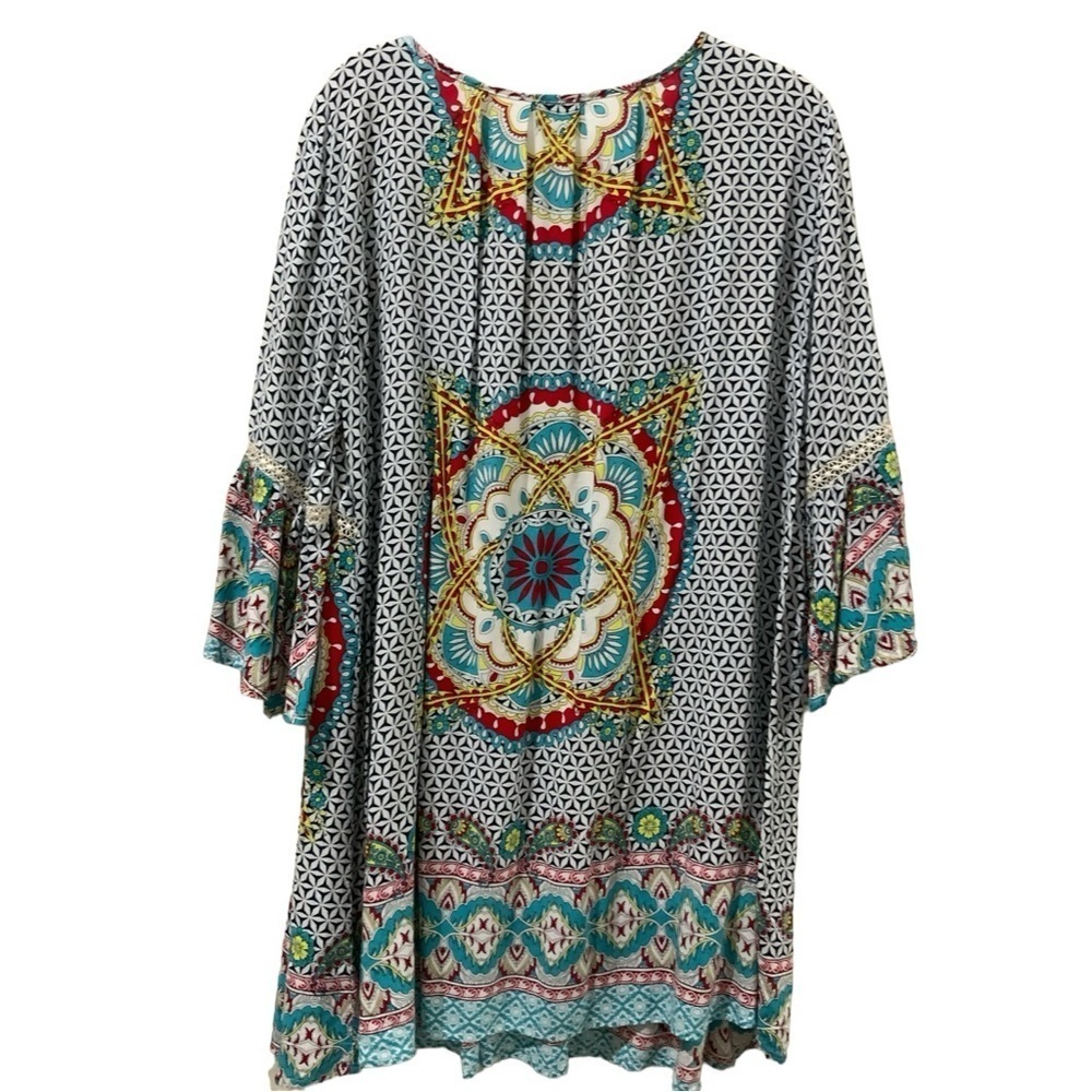 Umgee Medallion Tribal Print 3/4 Ruffle Sleeve Boho Dress Navy White Cream Aqua - Picture 6 of 7